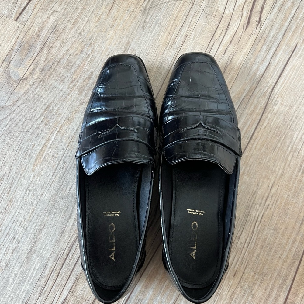 Aldo Glossy Black Croc-Embossed Loafers